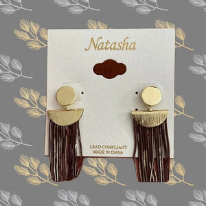Natasha Gold-Tone Brown Metallic Textured Fringe Drop Post Earrings